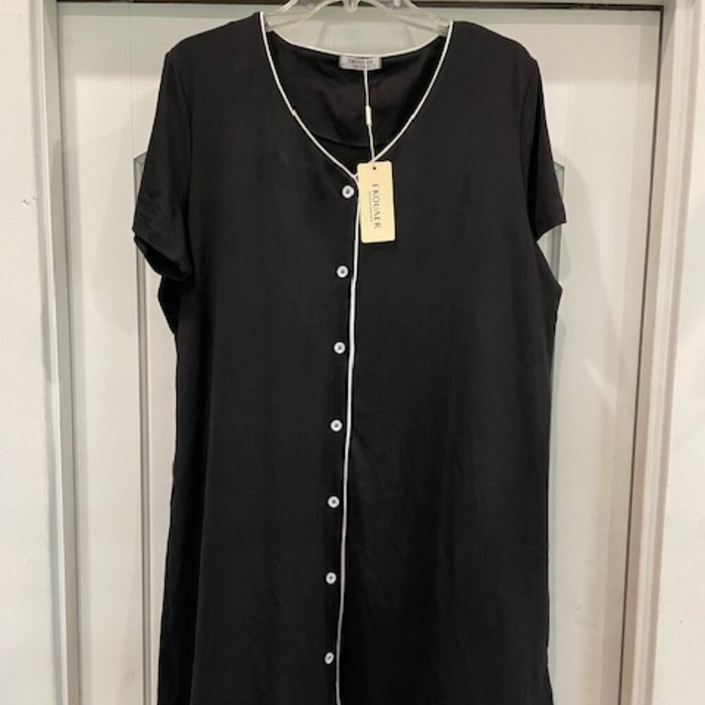 Ekouaer  Women's Large Black with White Piping Nightgown Brand New W/Tag